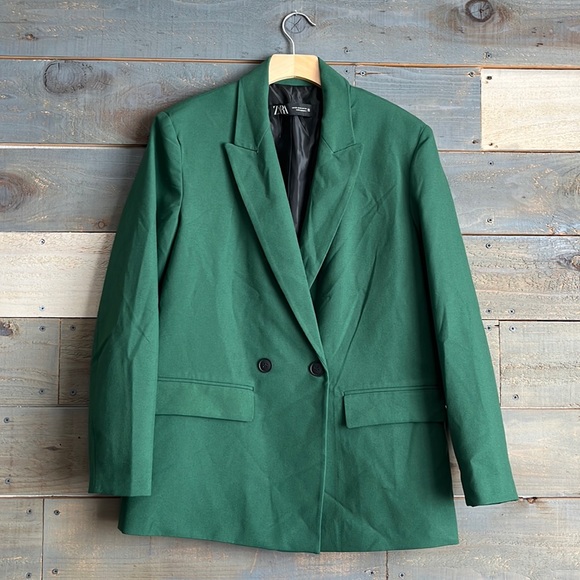 NWOT Zara Dark Green Double Breast Lapel Collar Blazer - Picture 1 of 9